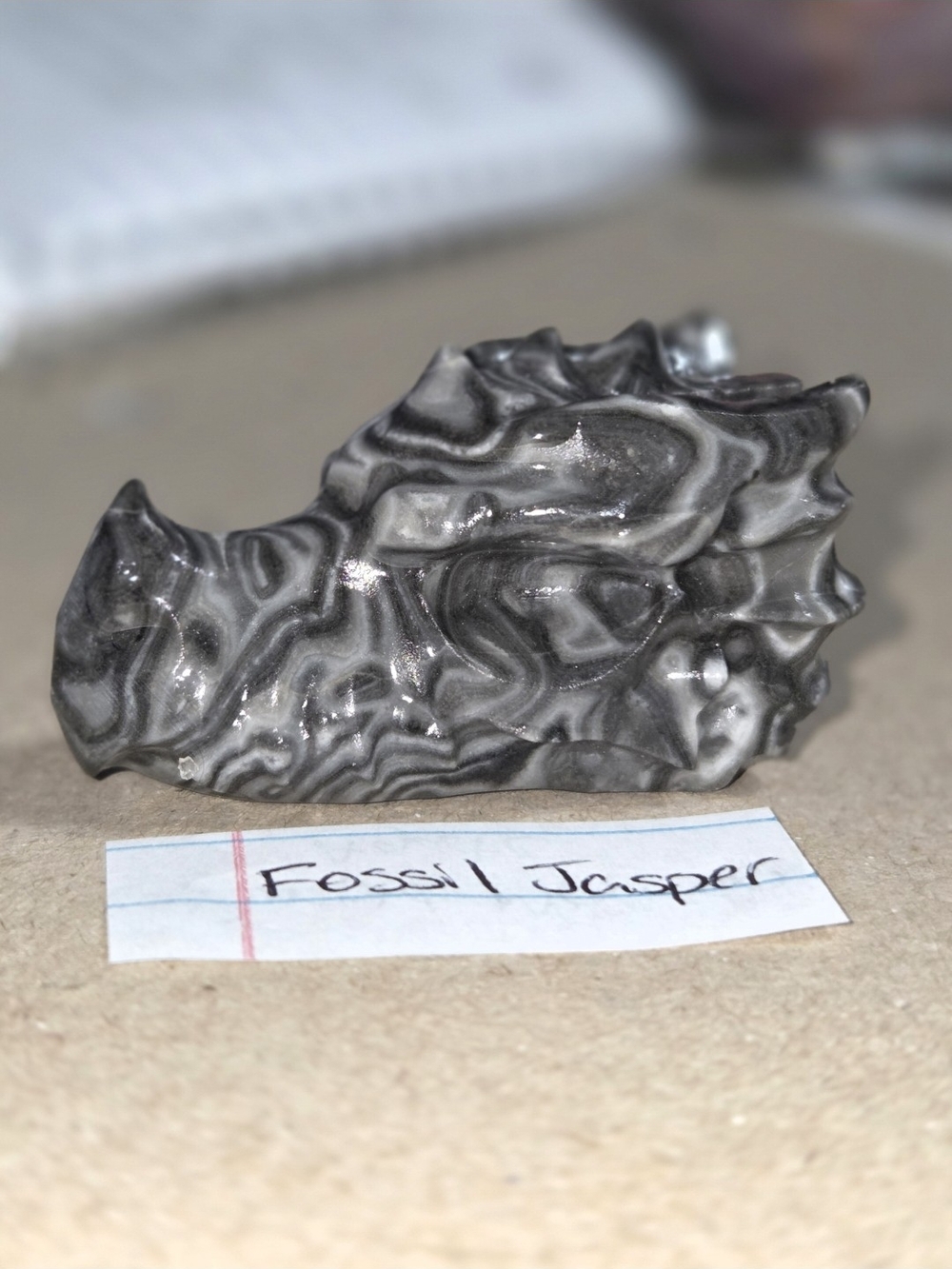 Detailed Fossil Jasper Crystal Carved Dragon Head Stone Sculpture Decor